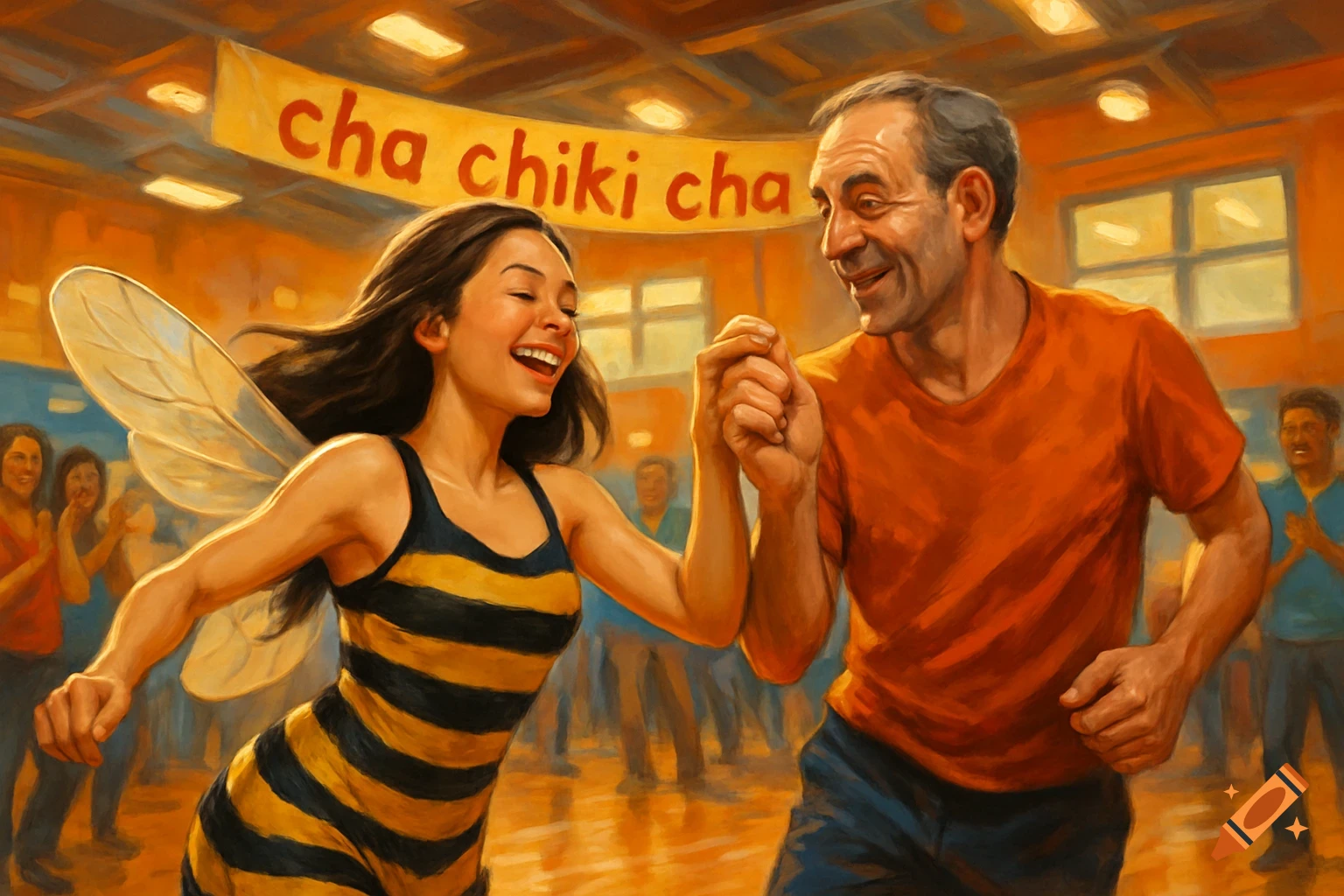 A smiling woman in a bee costume dances with a man in a gymnasium under a 'cha chiki cha' banner, in a painterly style.