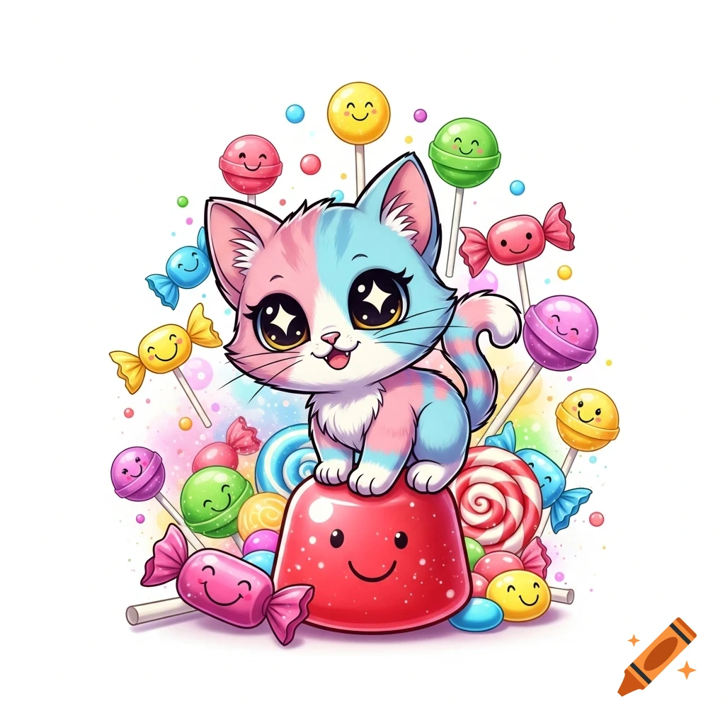 A cute cartoon pink and blue cat with big sparkling eyes sits on a red candy, surrounded by colorful lollipops and wrapped candies with smiling faces.