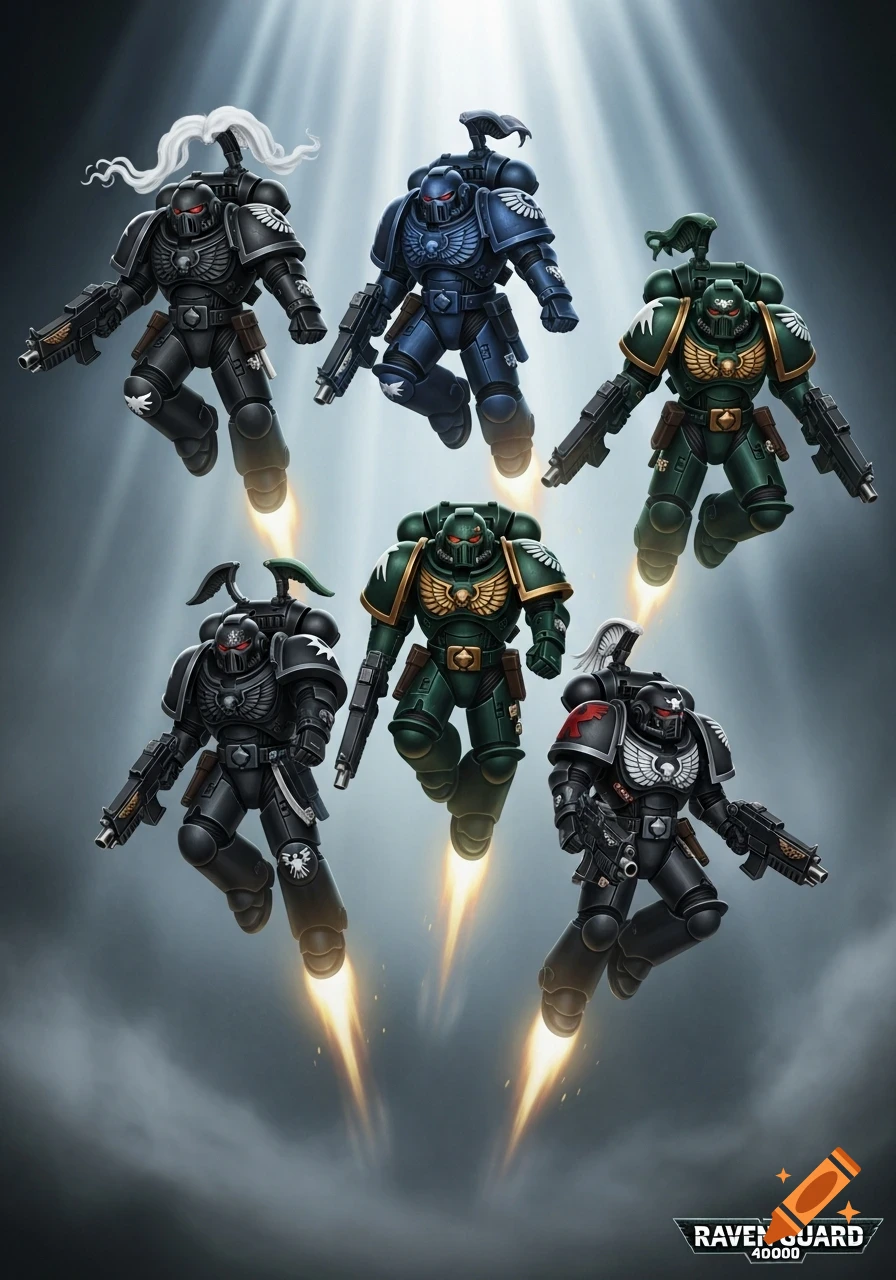 Six Raven Guard Space Marines in black, blue, and green power armor fly with jetpacks, wielding boltguns against a cloudy sky.