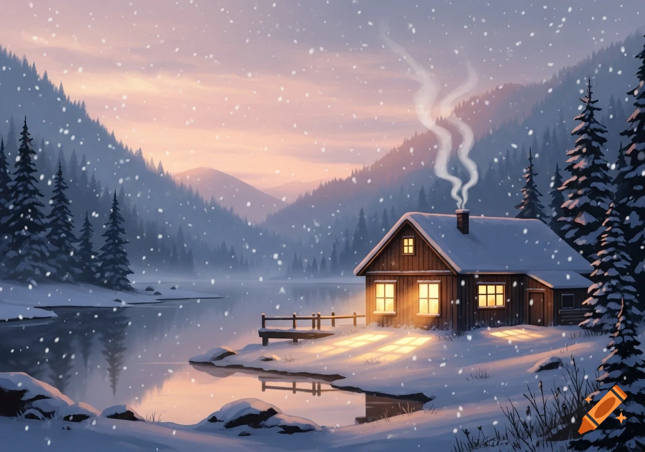Painterly winter scene with a cozy wooden cabin by a snowy mountain lake at dusk, light glowing from windows and smoke from the chimney.