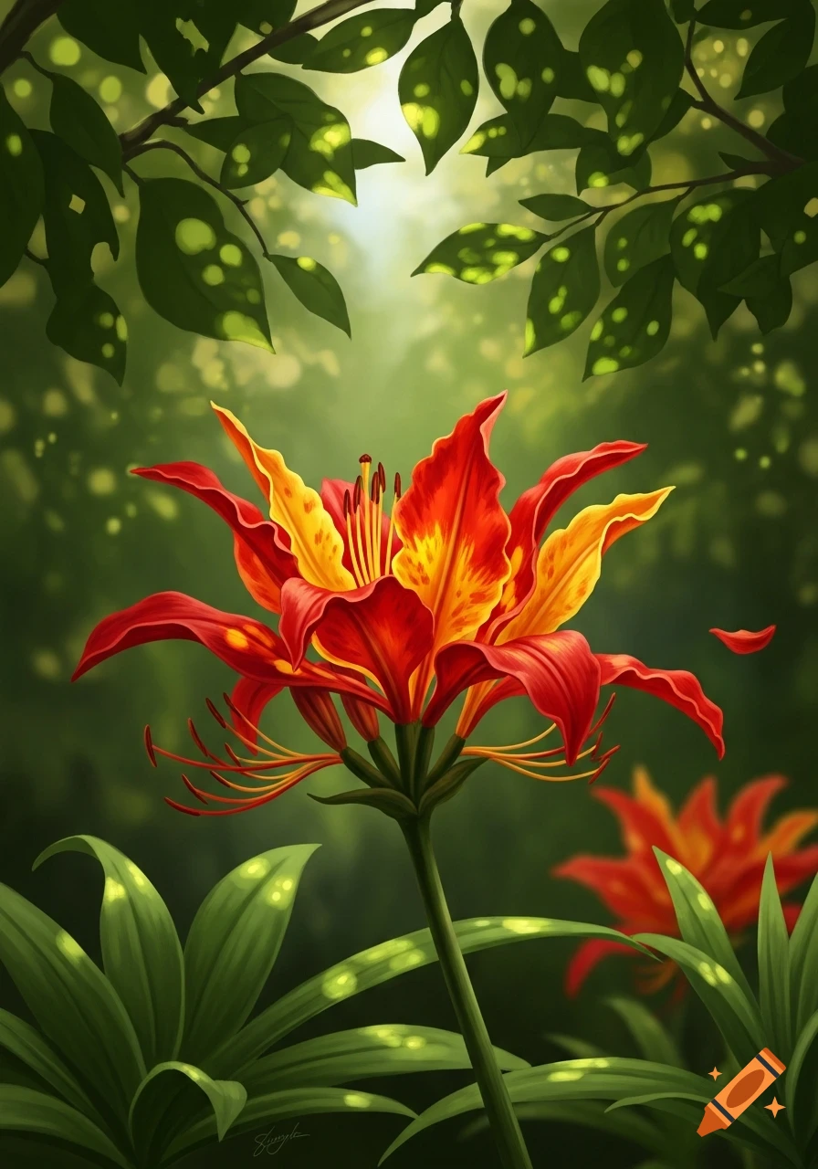 A vibrant red and yellow flame lily blooms with long stamens in a lush green jungle under dappled sunlight, rendered in an illustrative style.