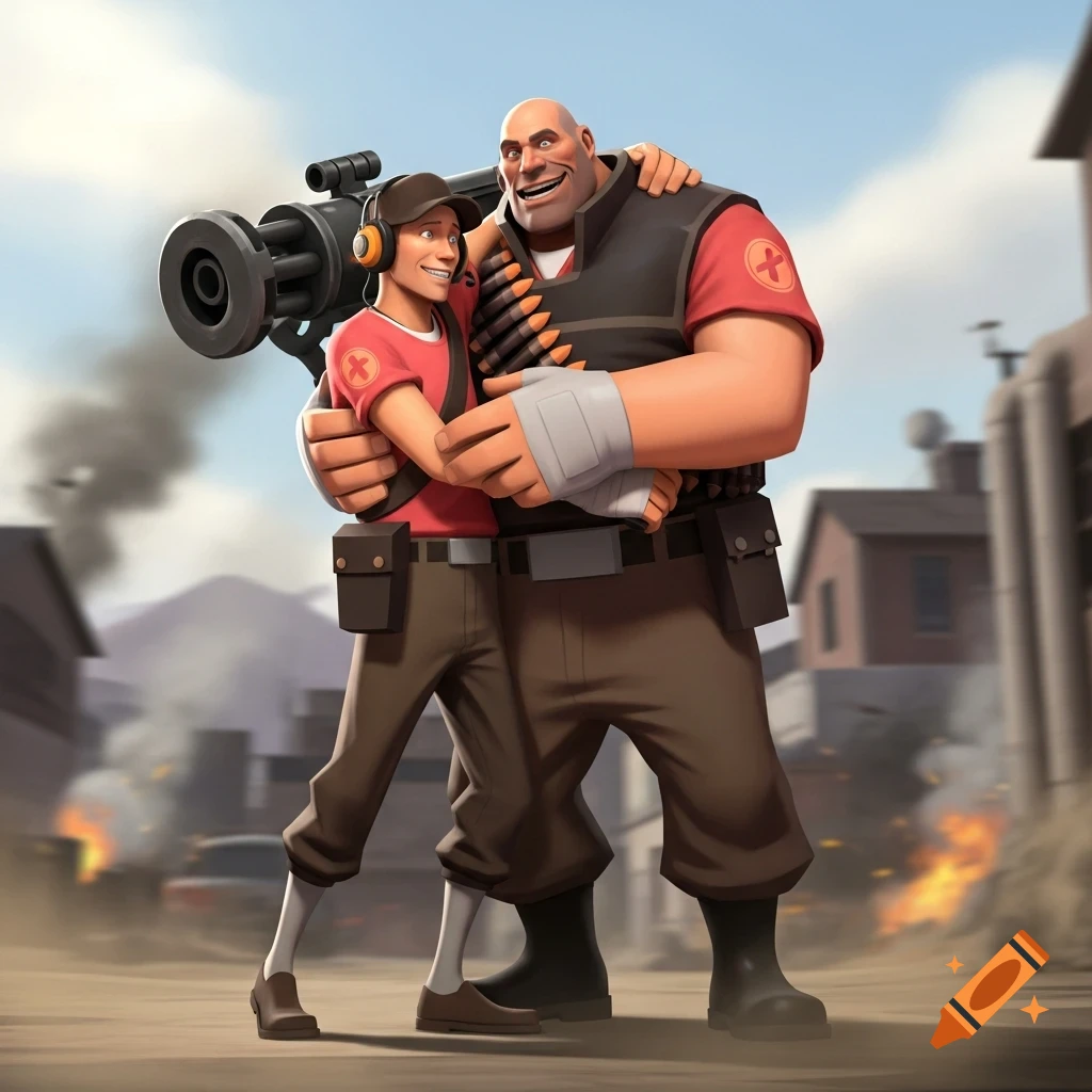 The Scout and Heavy from Team Fortress 2 hug against a backdrop of explosions and industrial buildings in a stylized 3D render.