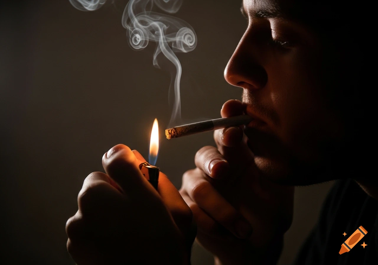 A man in profile lights a cigarette with a lighter, smoke rising, in dramatic low-key lighting.