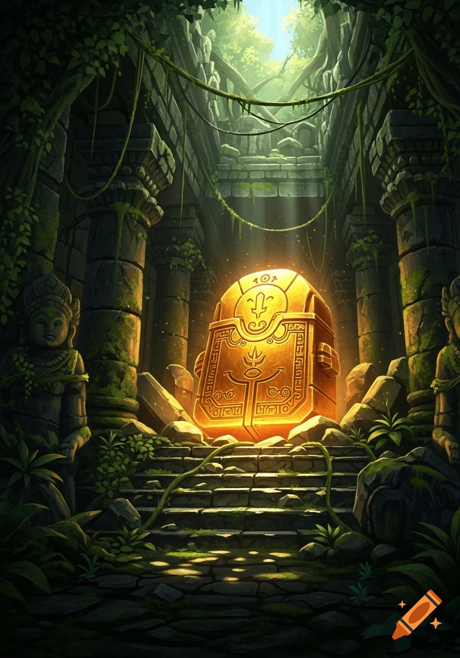 A vibrant illustration of a glowing golden artifact resting on stone steps in an overgrown, ancient jungle temple ruin.