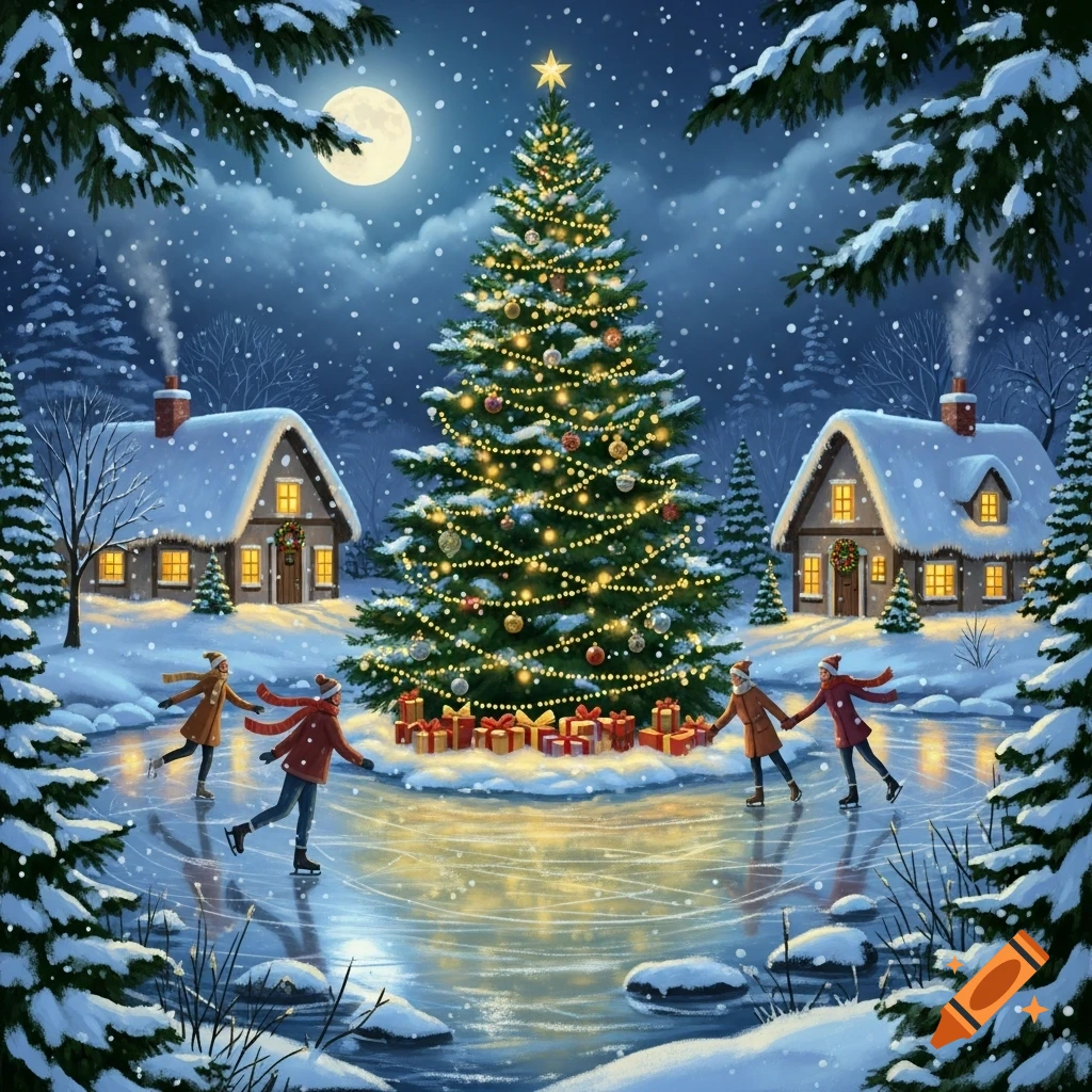 Illustrated winter Christmas scene with people ice skating around a large decorated Christmas tree under a full moon and snow-covered houses.
