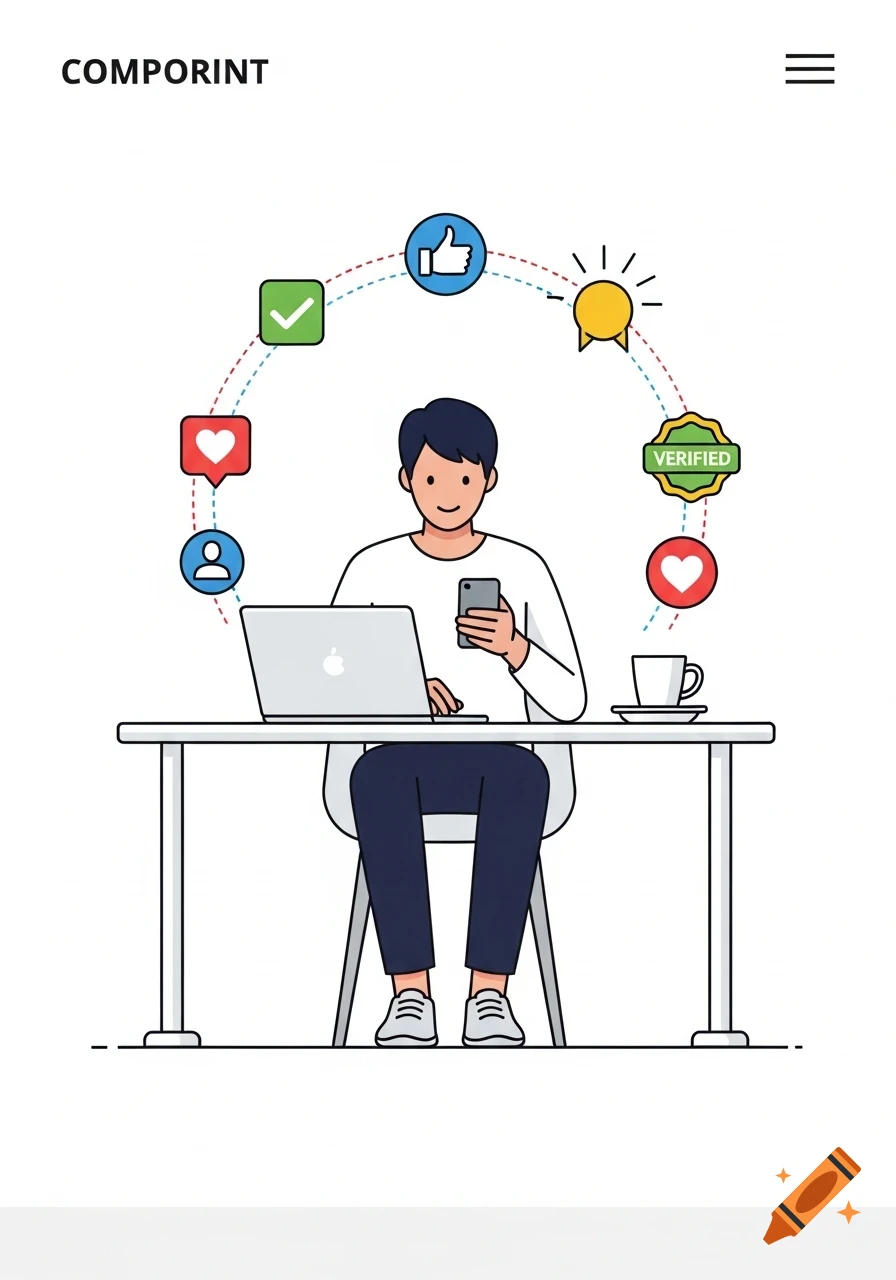 Modern illustration of a person at a desk with a laptop and phone, surrounded by social media engagement icons.
