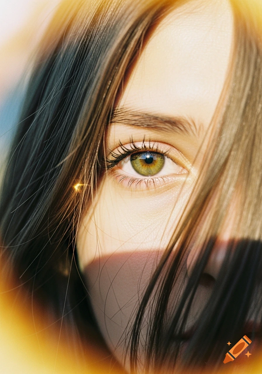 Close-up portrait of a person's green eye framed by dark hair, with warm light leaks and a sun streak.