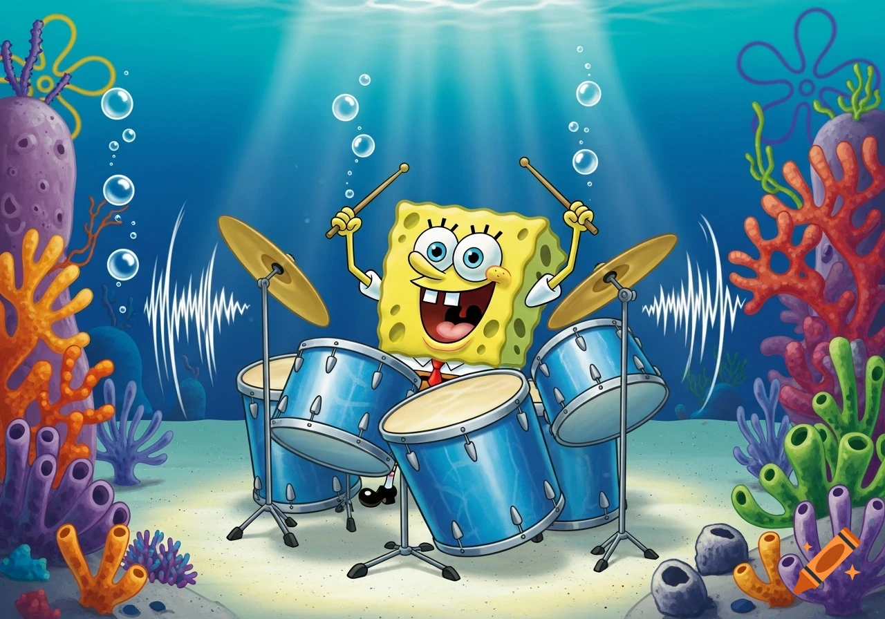 SpongeBob SquarePants happily plays a blue drum set underwater surrounded by colorful coral and sunlight.
