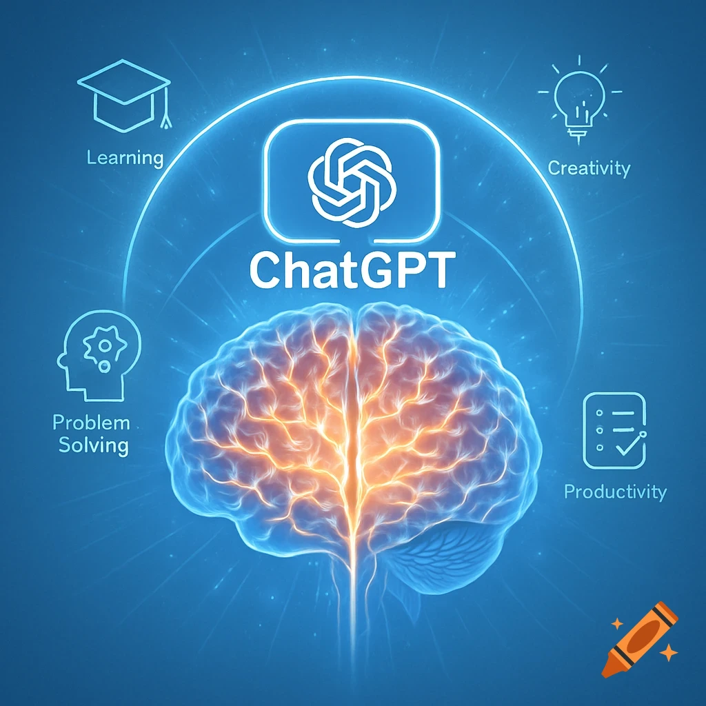 A glowing human brain with neural connections surrounded by a ChatGPT logo and icons for learning, creativity, problem-solving, and productivity.