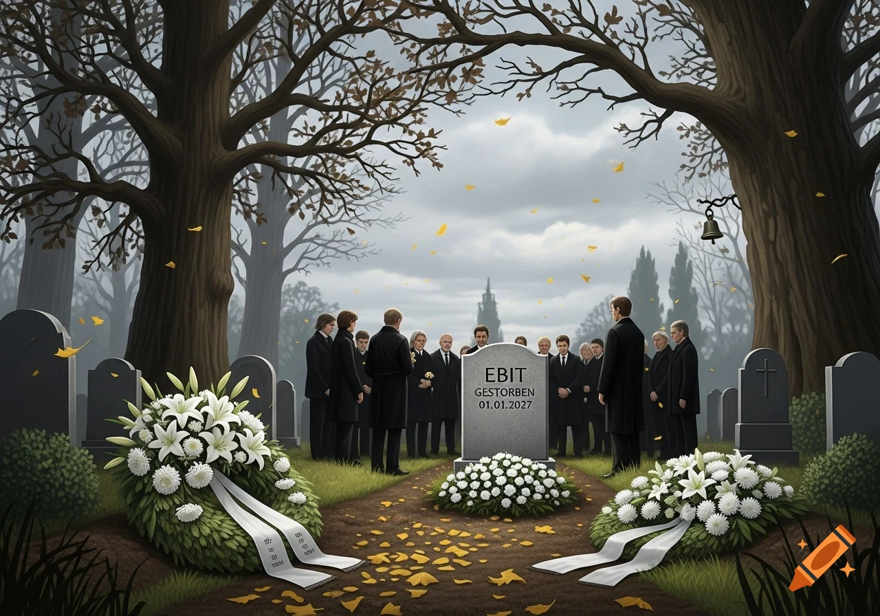 A solemn funeral service in a cemetery with a group of people in black suits gathered around a gravestone with floral wreaths, under a cloudy sky.