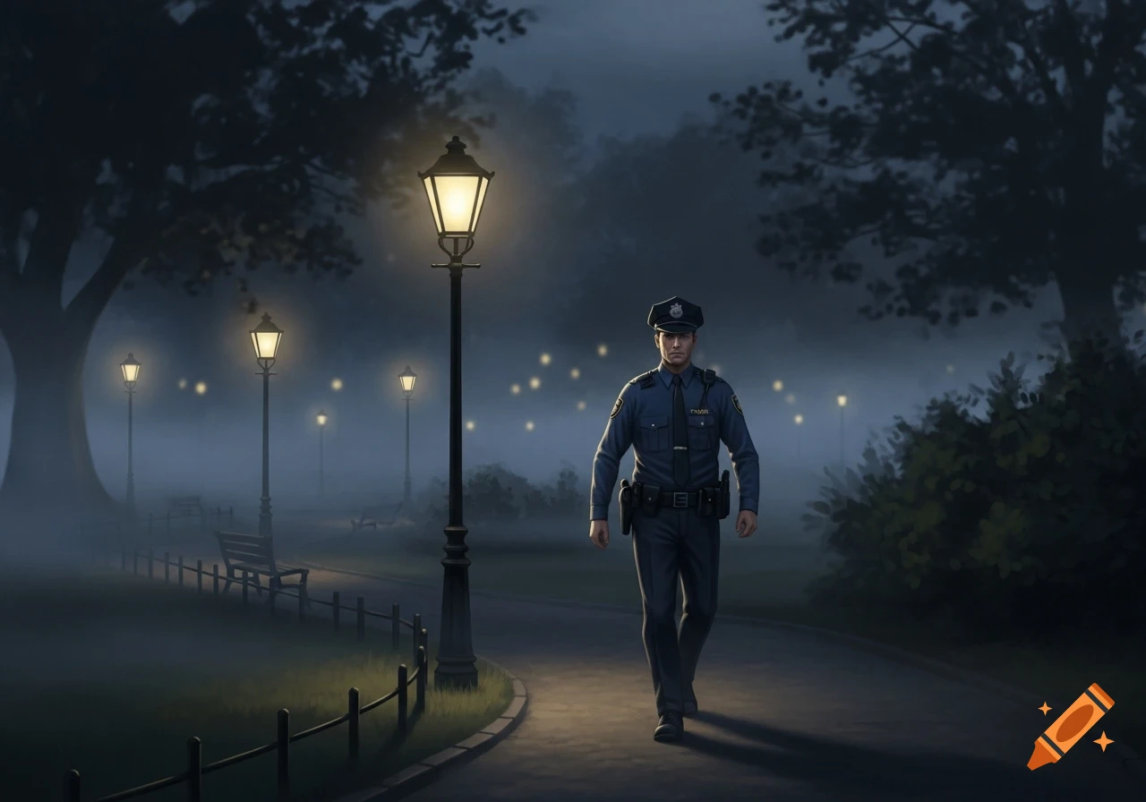 A police officer walks along a foggy path in a park at night, illuminated by several glowing lampposts.