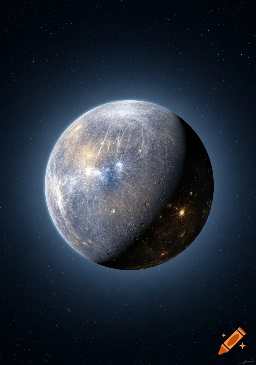 A detailed, brightly illuminated, cratered planet, resembling Mercury, against a dark, star-filled space.