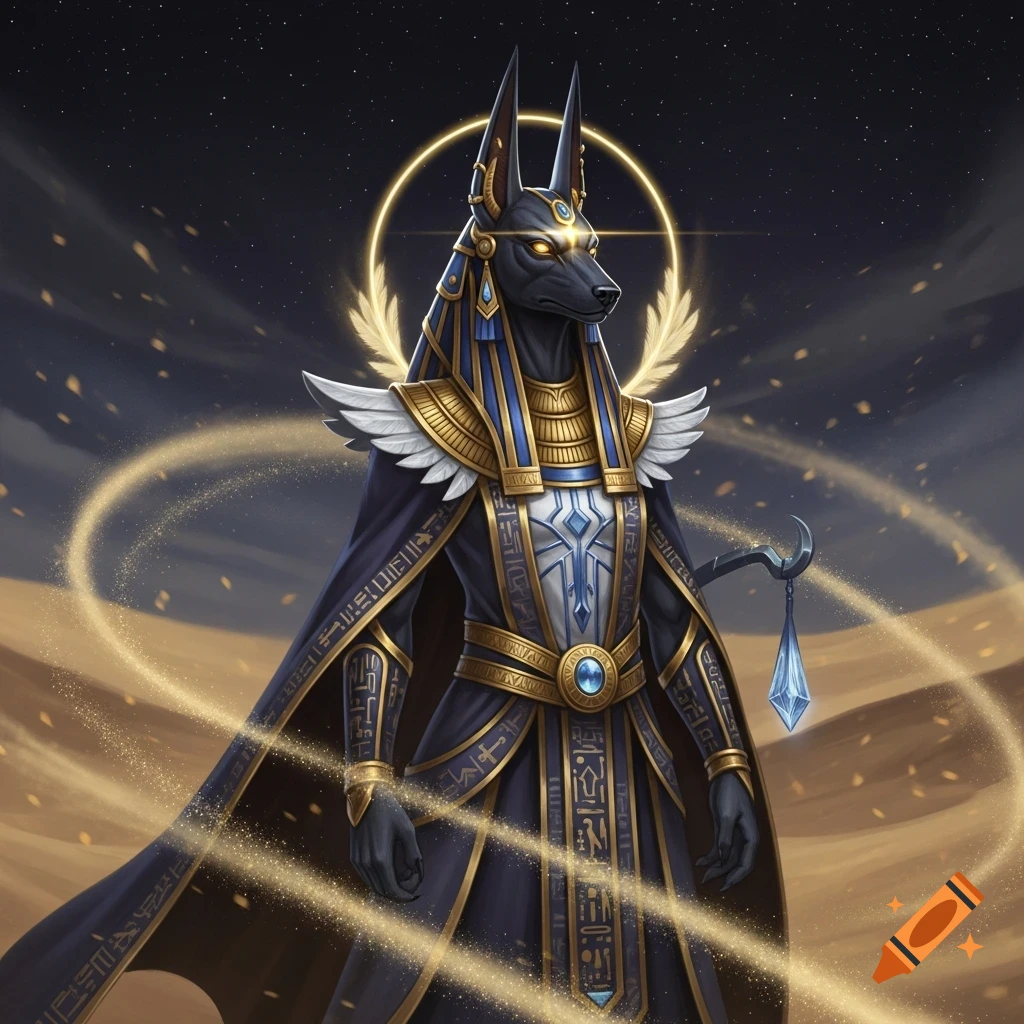 A digital art rendering of Anubis with a jackal head, wearing elaborate blue and gold pharaonic armor, standing in a desert under a starry sky with golden energy swirling.