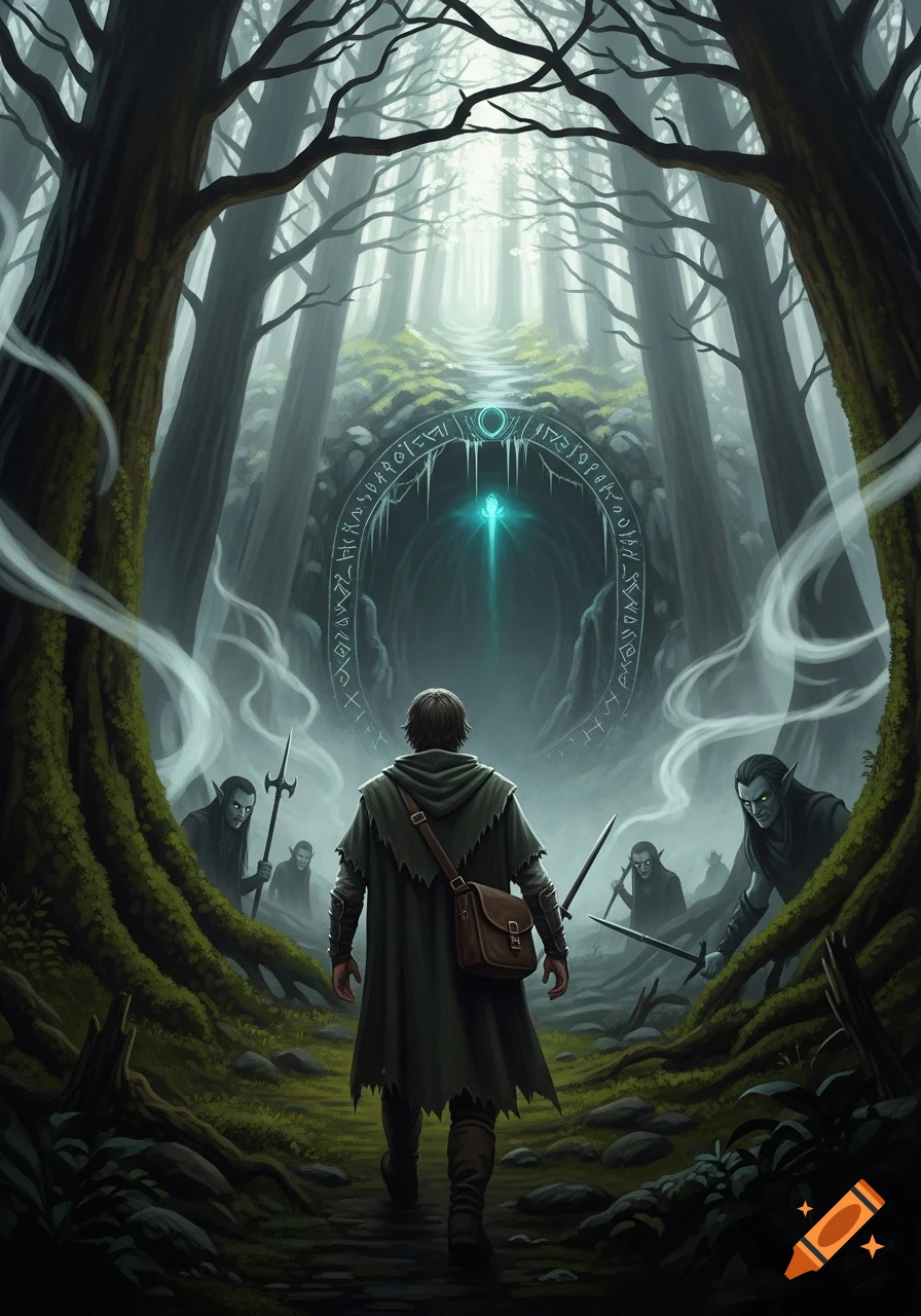 A lone traveler walks into a misty, dark forest towards a glowing, runic portal, as menacing elves lurk in the shadows.