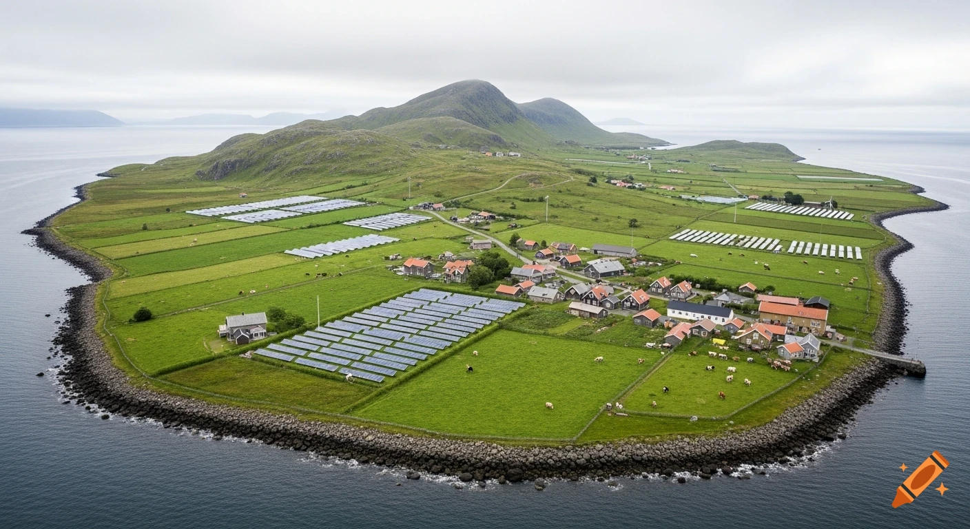 Aerial view of a green island village with solar panel fields and grazing livestock, surrounded by blue water and distant mountains under a cloudy sky.