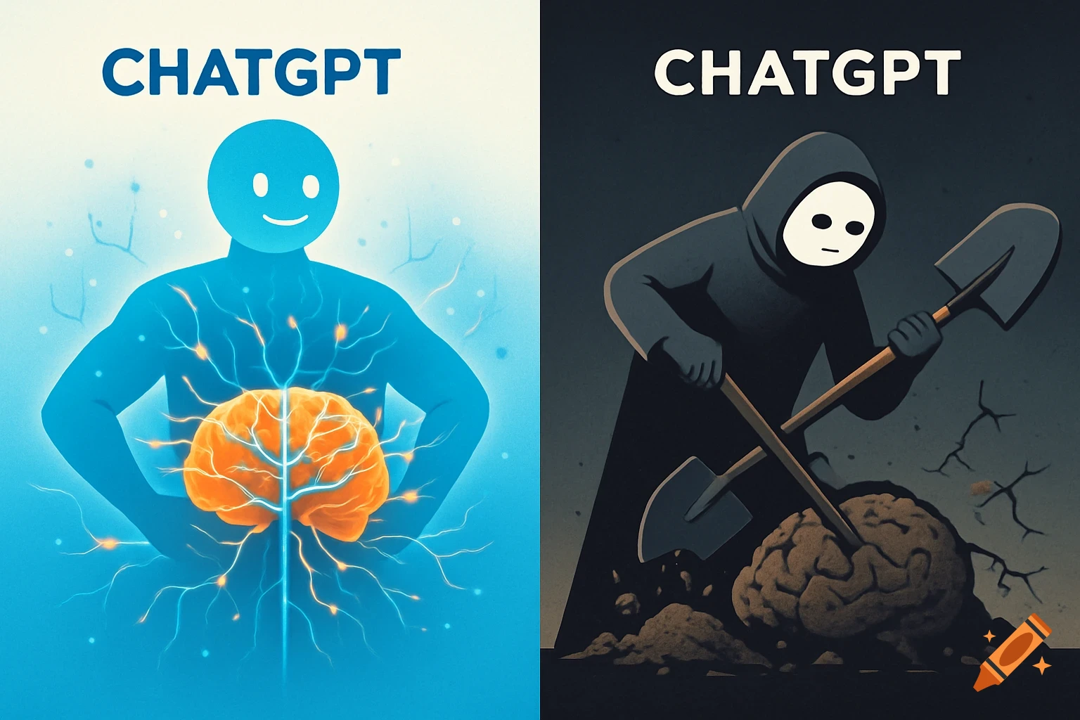 Split illustration with 'CHATGPT' showing a vibrant brain connected to a human figure on the left and a grim reaper burying a decaying brain on the right.