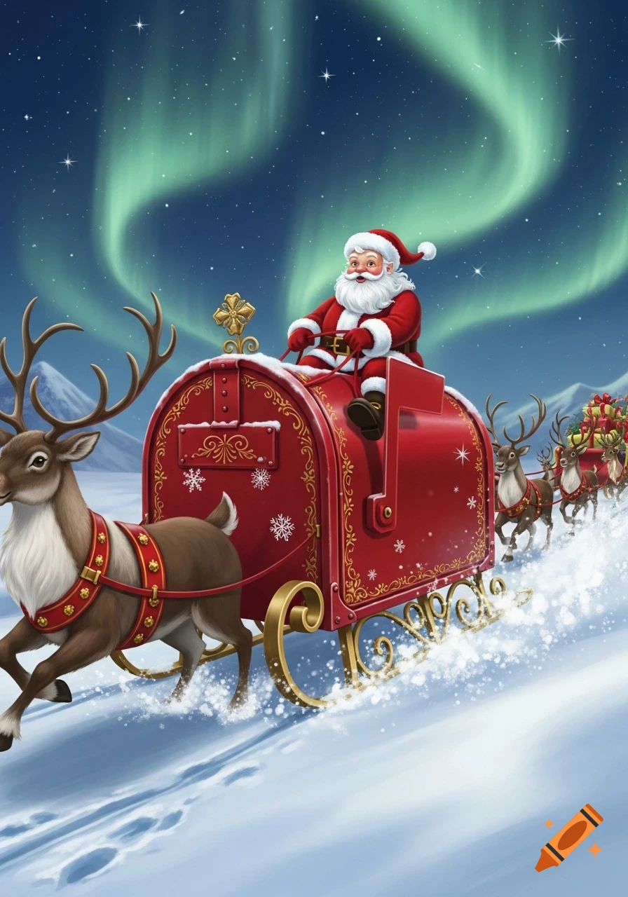 Santa Claus rides a red sleigh pulled by reindeer through a snowy landscape under a starry night sky with green aurora borealis.