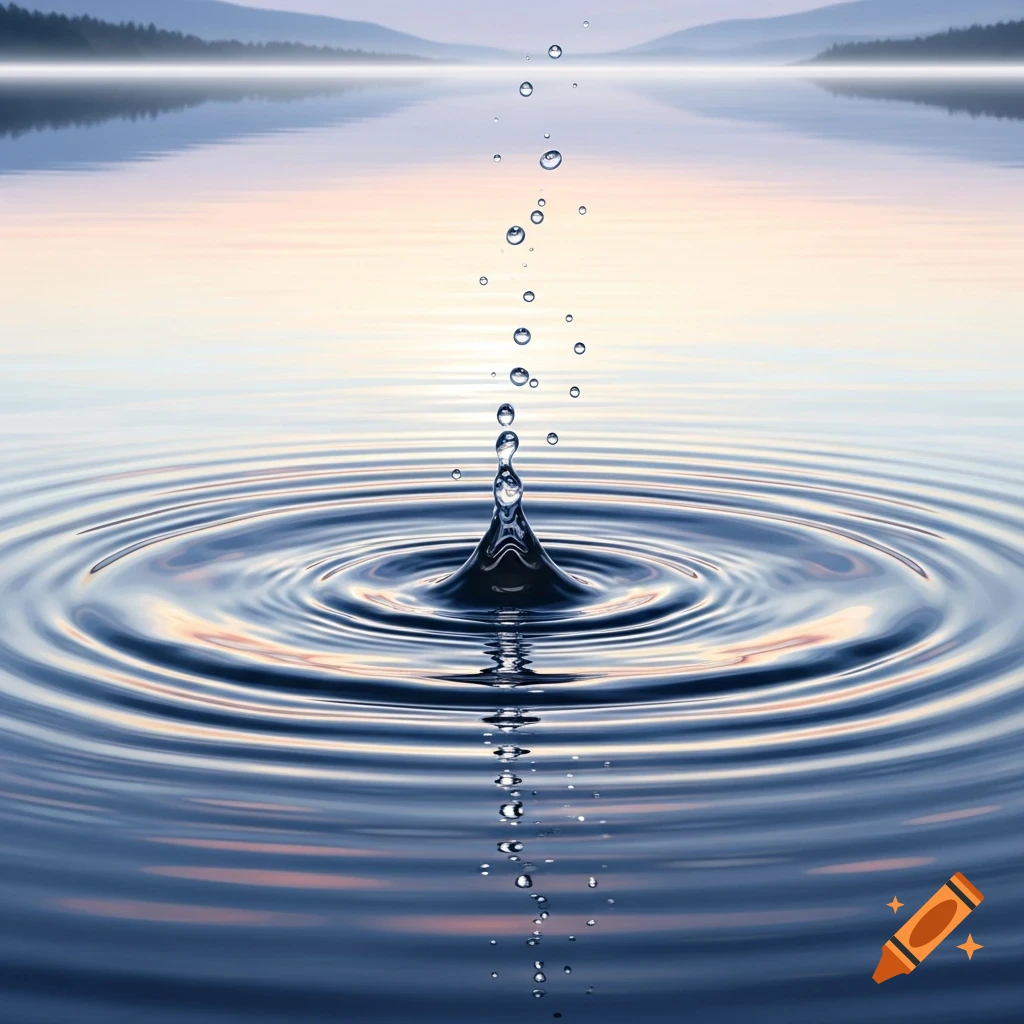 A single water drop creates ripples and a splash in calm, reflective water, with hazy mountains in the background at dawn.