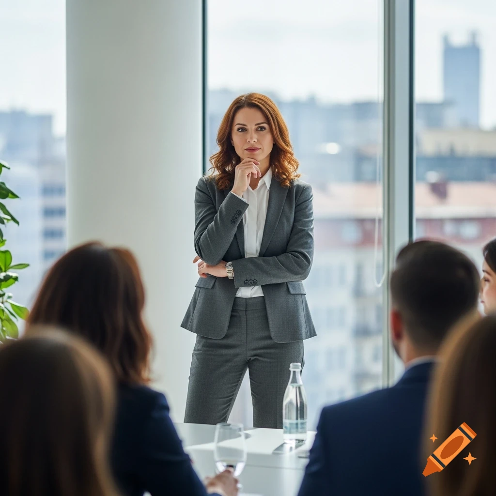 A thoughtful businesswoman in a gray suit stands in a modern office meeting room, addressing colleagues.