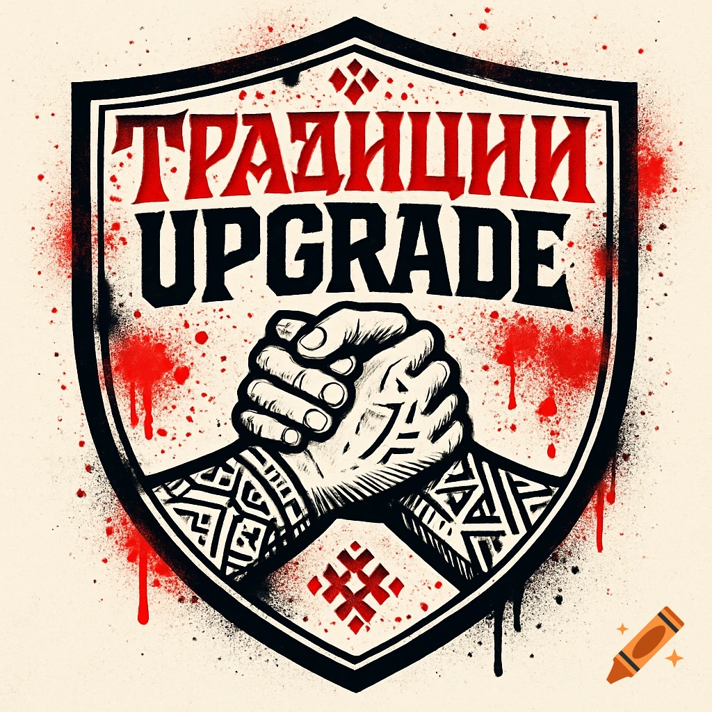 A stylized shield emblem with 'ТРАДИЦИИ UPGRADE' text, two clasping hands, red graffiti, and Slavic patterns.