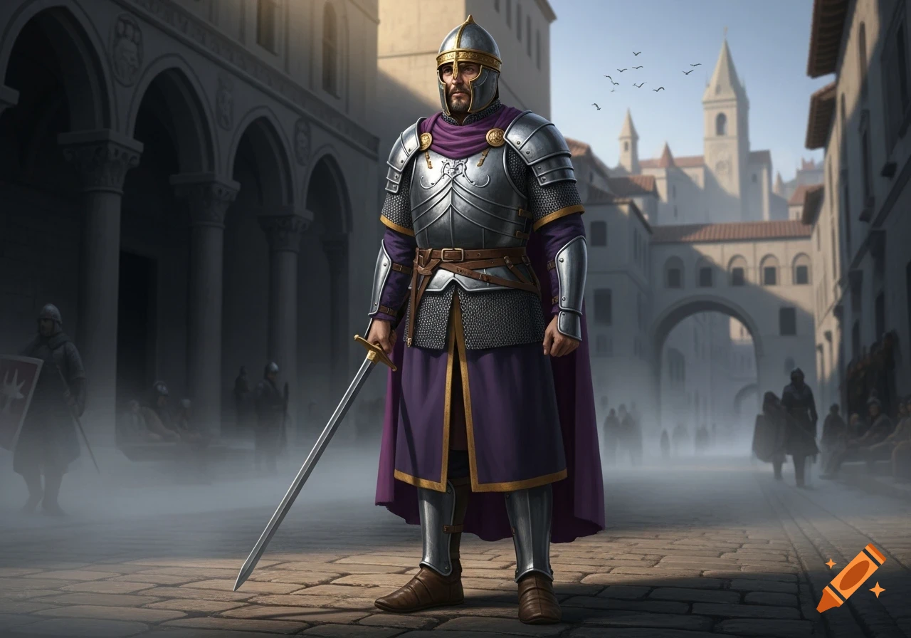 A soldier in detailed Byzantine chainmail and purple robes stands on a cobblestone street, holding a sword, with a foggy city backdrop.