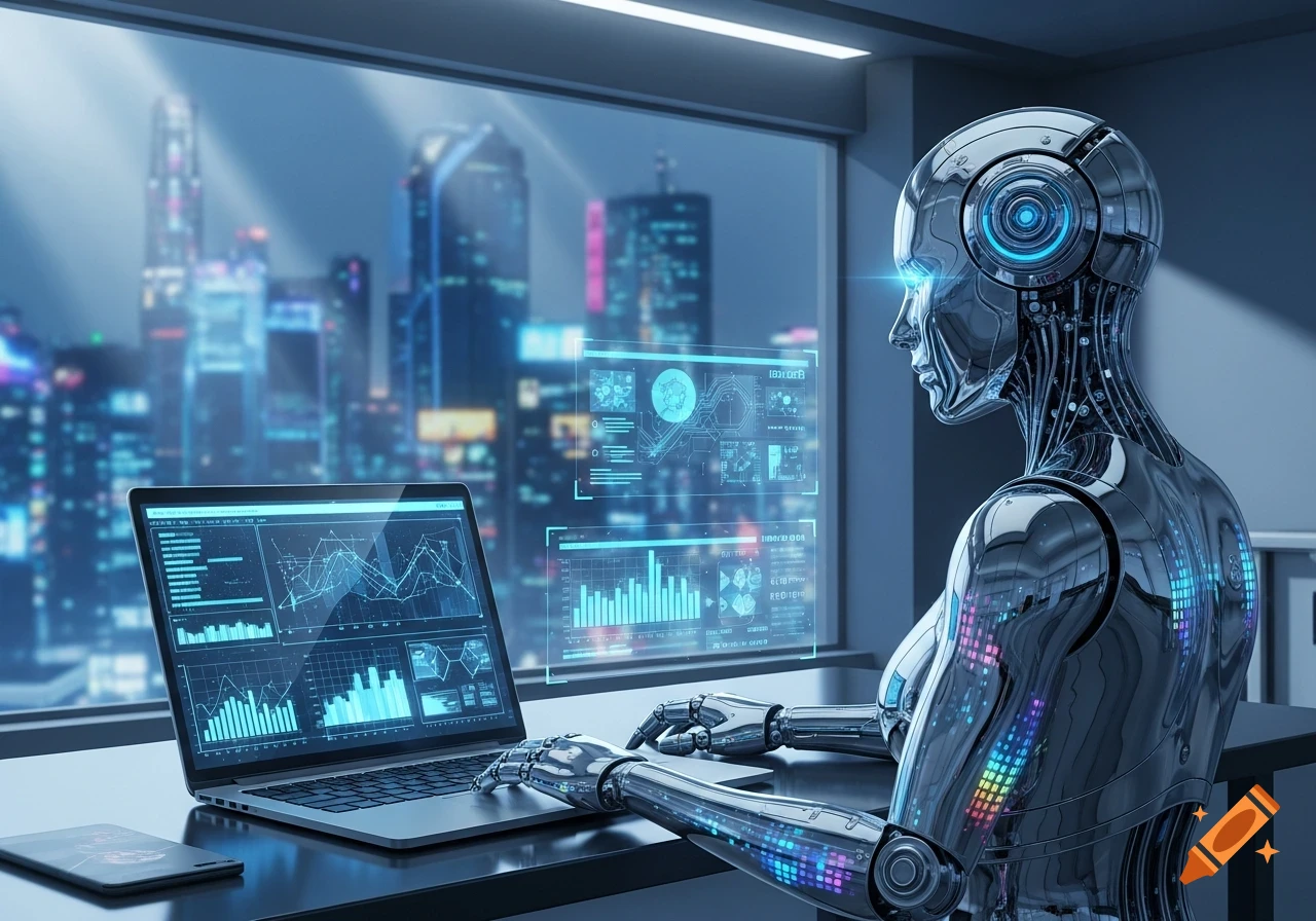 A chrome robot works on a laptop displaying data graphs, with holographic interfaces in a futuristic city setting at night.