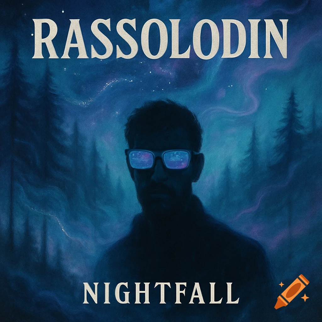 A silhouetted figure in glowing glasses stands in a dark, mystical forest under a starry night sky, with 'RASSOLODIN' and 'NIGHTFALL' text.