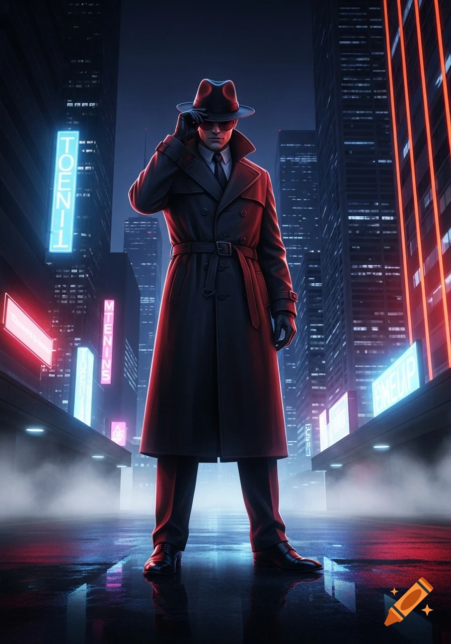 A secret agent in a long trench coat and fedora stands in a neon-lit, wet cyberpunk city at night, in a cinematic noir style.