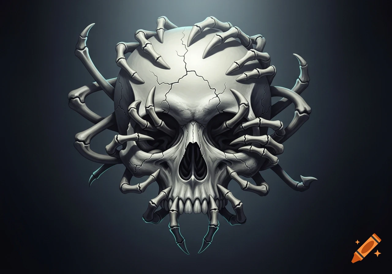 Stylized cracked skull entangled by numerous bony skeletal hands on a dark background.