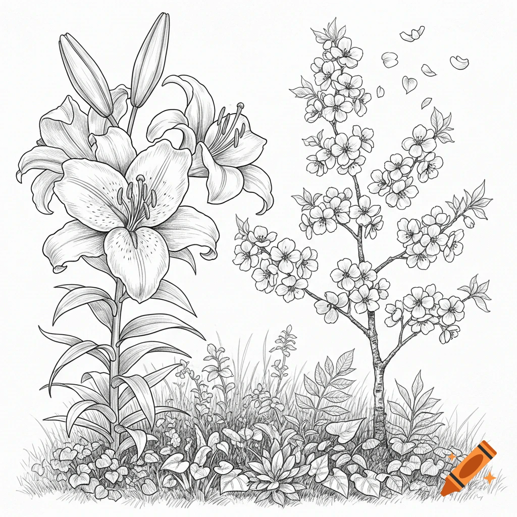 A detailed black and white line drawing of lilies and a flowering tree with smaller plants and grass.
