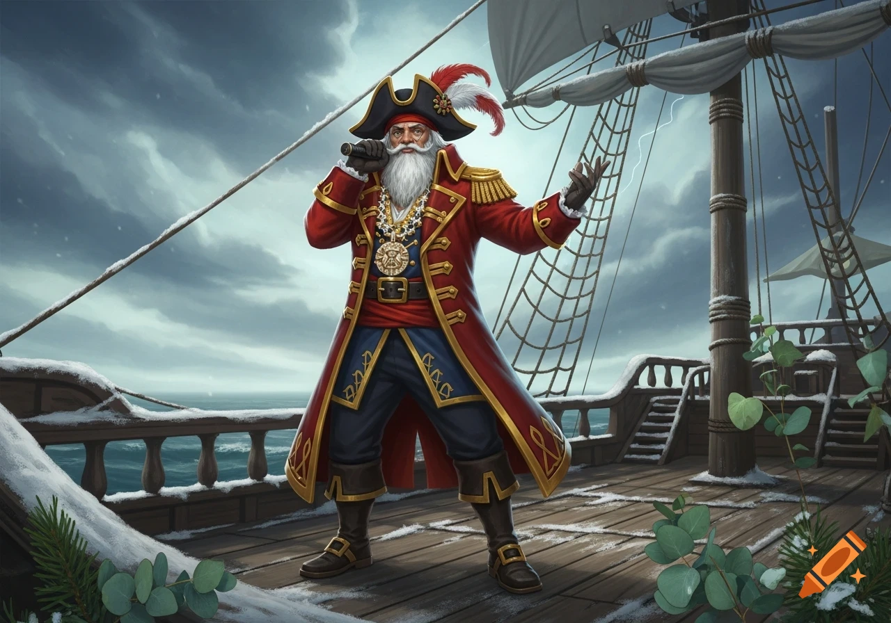 A festive pirate captain with a long white beard, dressed in a red coat, black tricorn hat, and gold jewelry, stands on a snowy ship deck.