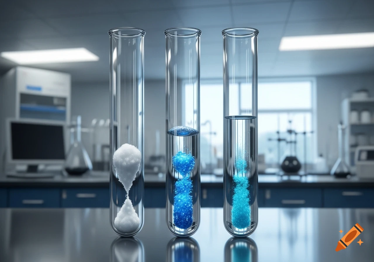 Three test tubes on a lab bench, one with white powder, one with blue crystals dissolving in liquid, one with lighter blue dissolving.