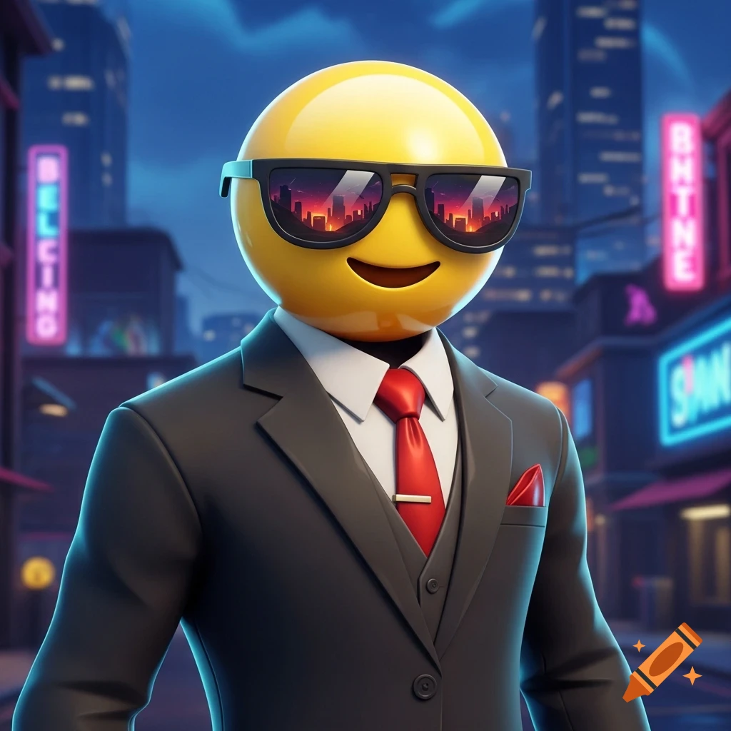 A cool emoji wearing sunglasses, a black suit, and a red tie, stands in a futuristic city at night.