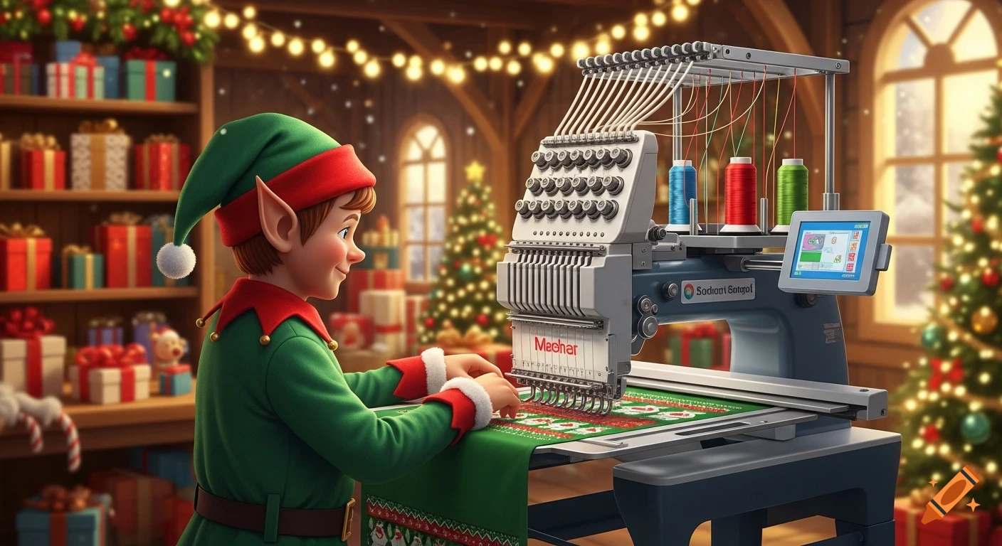 A smiling cartoon-style Christmas elf in a green suit and hat operates a modern commercial embroidery machine in a festive workshop filled with presents and twinkling lights.