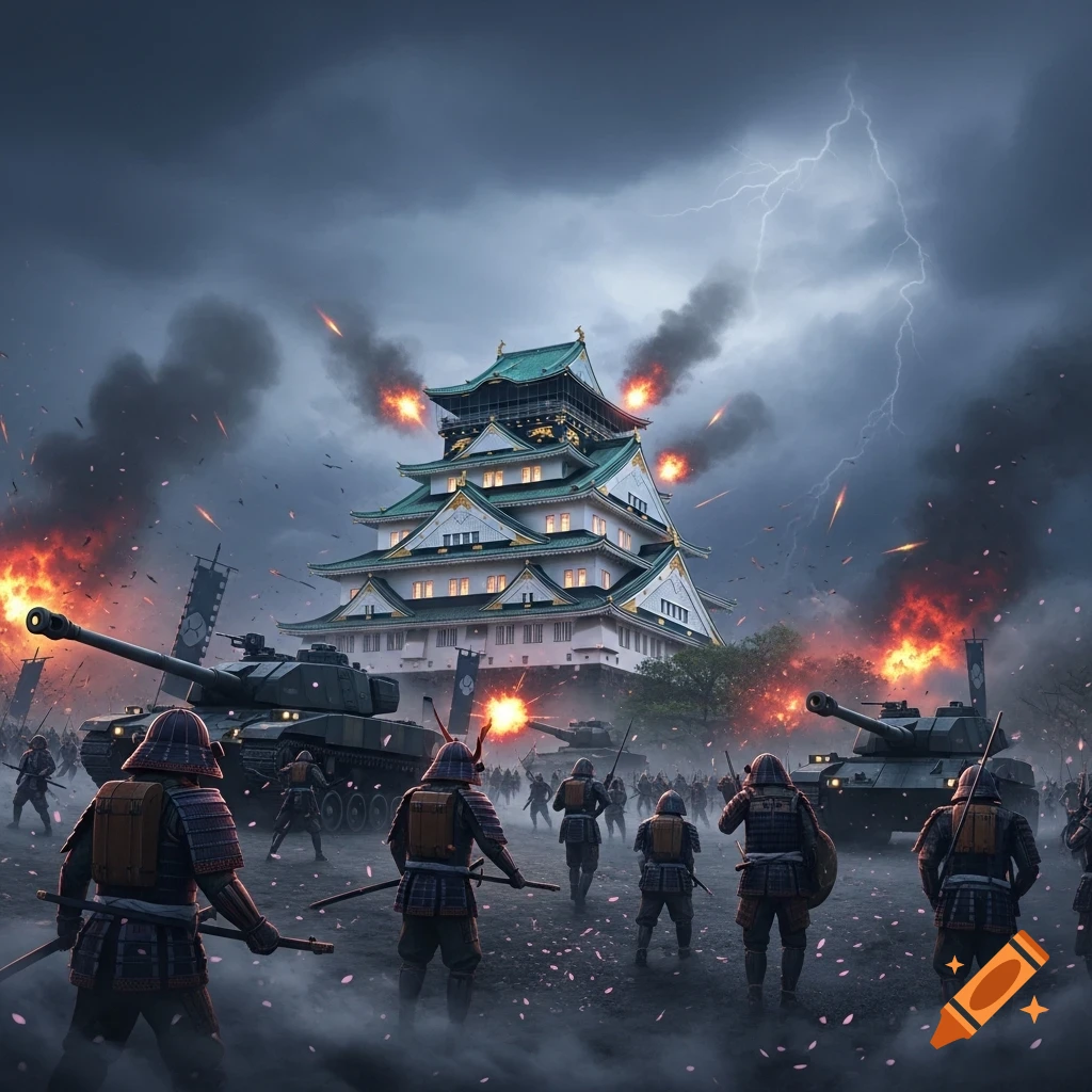 Samurai and modern tanks clash before a Japanese castle under a stormy sky with lightning and explosions, pink petals scattered.