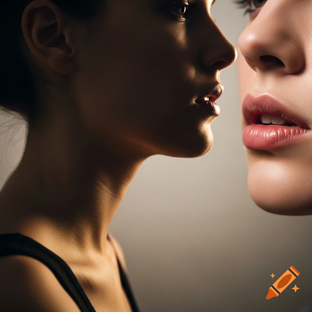 A dramatic close-up photo shows the shadowed profile of a woman's neck and mouth next to another woman's well-lit mouth and nose.