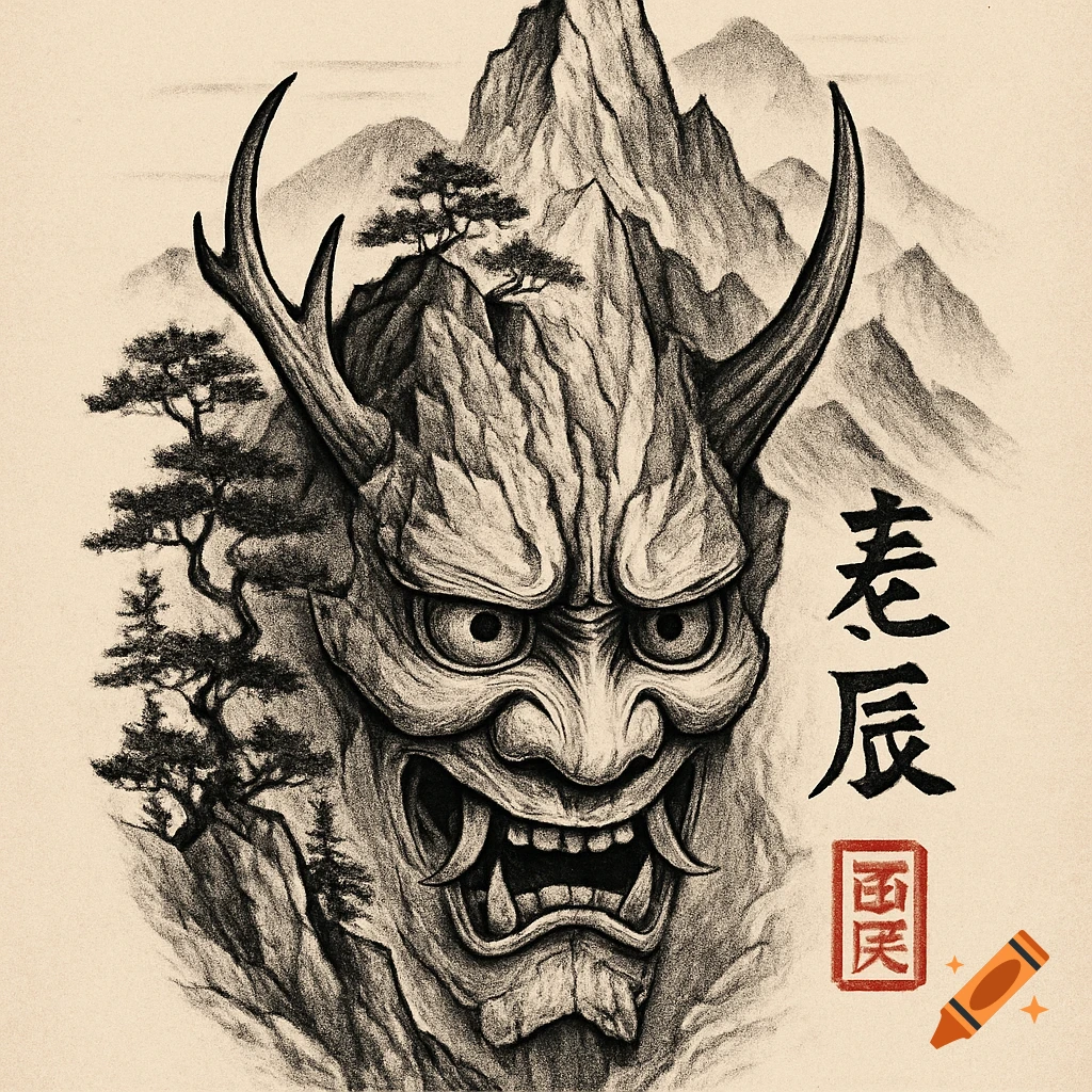 Detailed pencil sketch of a Hannya mask integrated into a mountain landscape with pine trees, featuring vertical Asian script and a red seal stamp.
