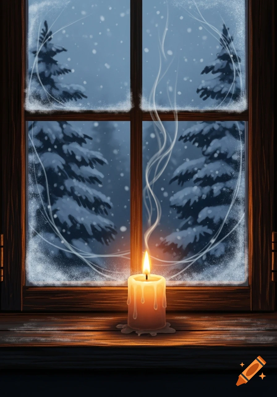 A warm, glowing candle sits on a frosted wooden windowsill, looking out onto a snowy forest scene at dusk.