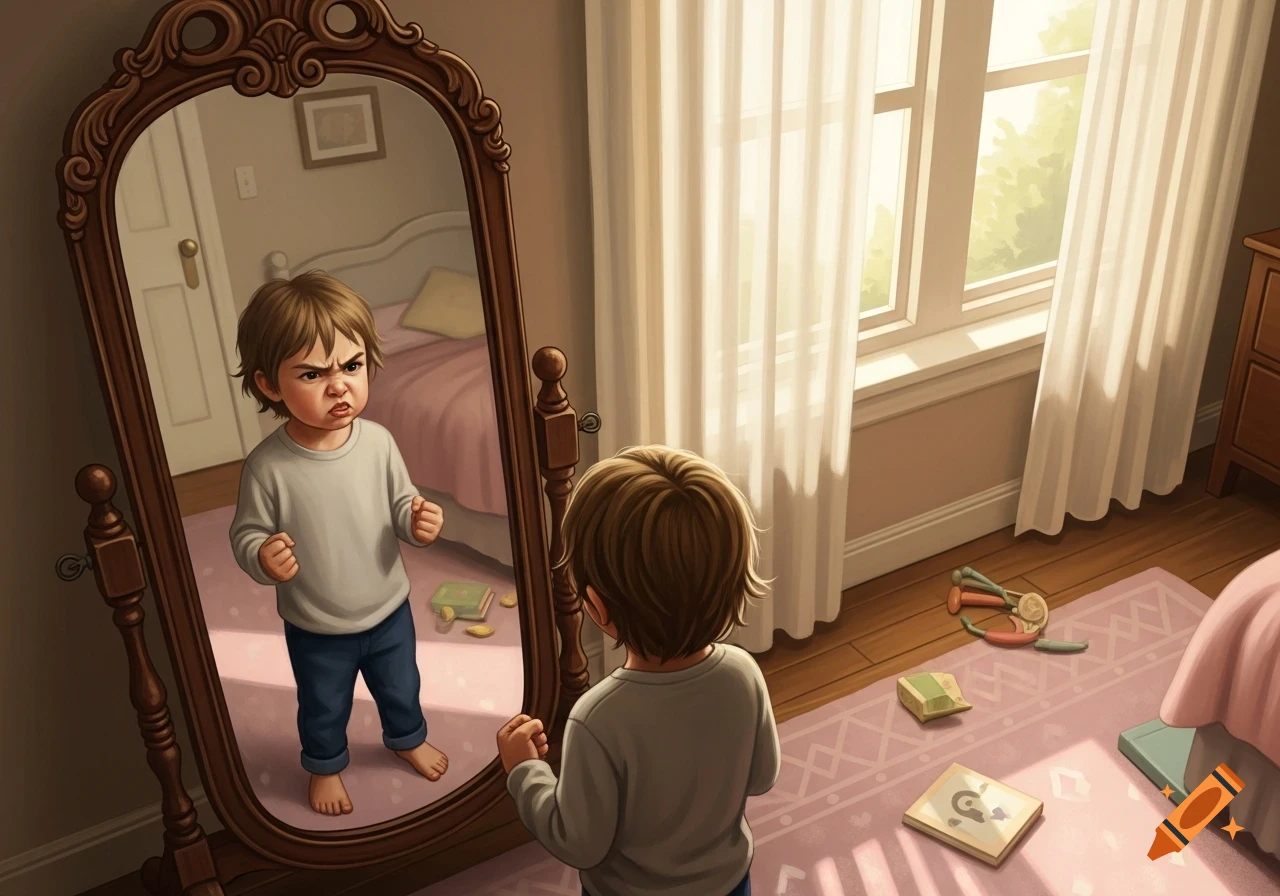 An angry young boy clenches his fists, glaring at his reflection in a decorative mirror within a bright bedroom.