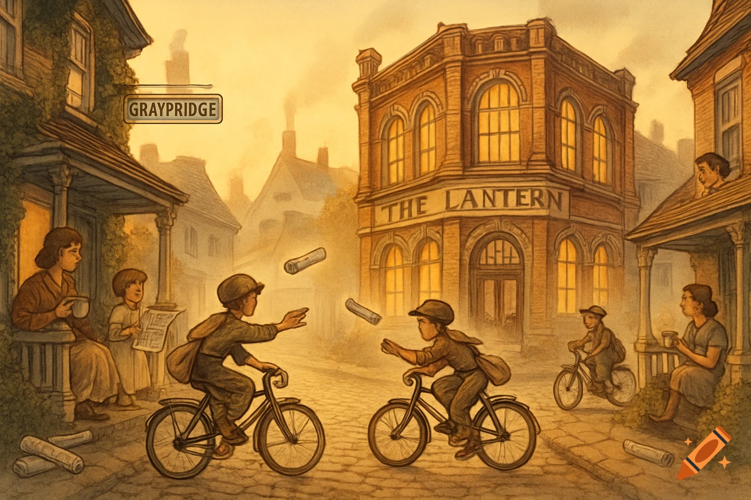 Vintage illustration of newspaper boys on bicycles in a town street with a building signed 'The Lantern' and 'Graybridge'. With people on porches.