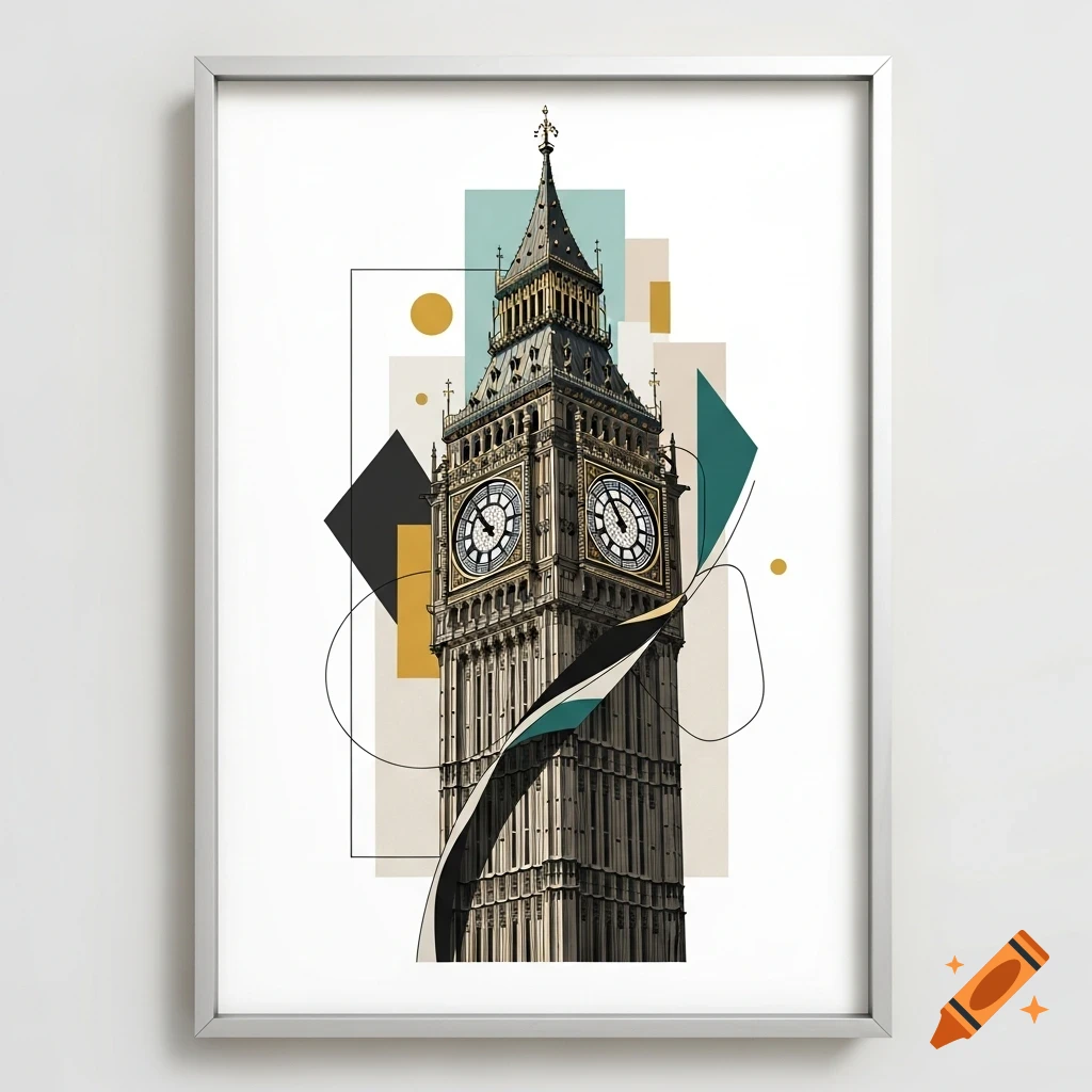 A cubist, geometric illustration of Big Ben, featuring abstract shapes and lines in teal, gold, and black on a white background, framed.