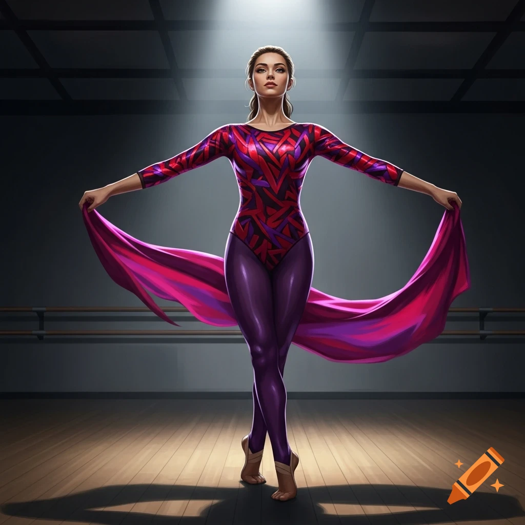A woman in a red and purple leotard and purple tights poses gracefully in a spotlight in a dance studio, holding a flowing pink fabric.