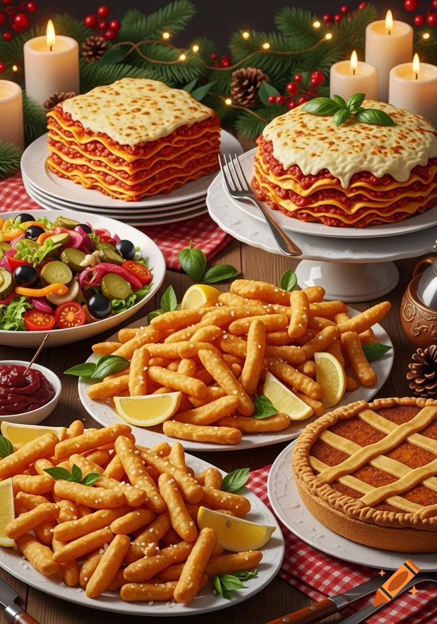 A festive Christmas dinner table laden with lasagna, salad, fried snacks, and a pie, decorated with candles and pine branches.
