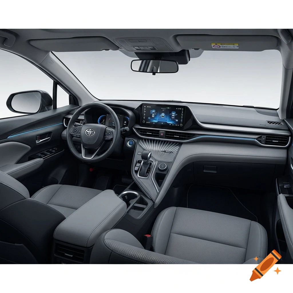 Detailed view of a modern car's interior, showing the dashboard, steering wheel with a Toyota logo, and grey seats.