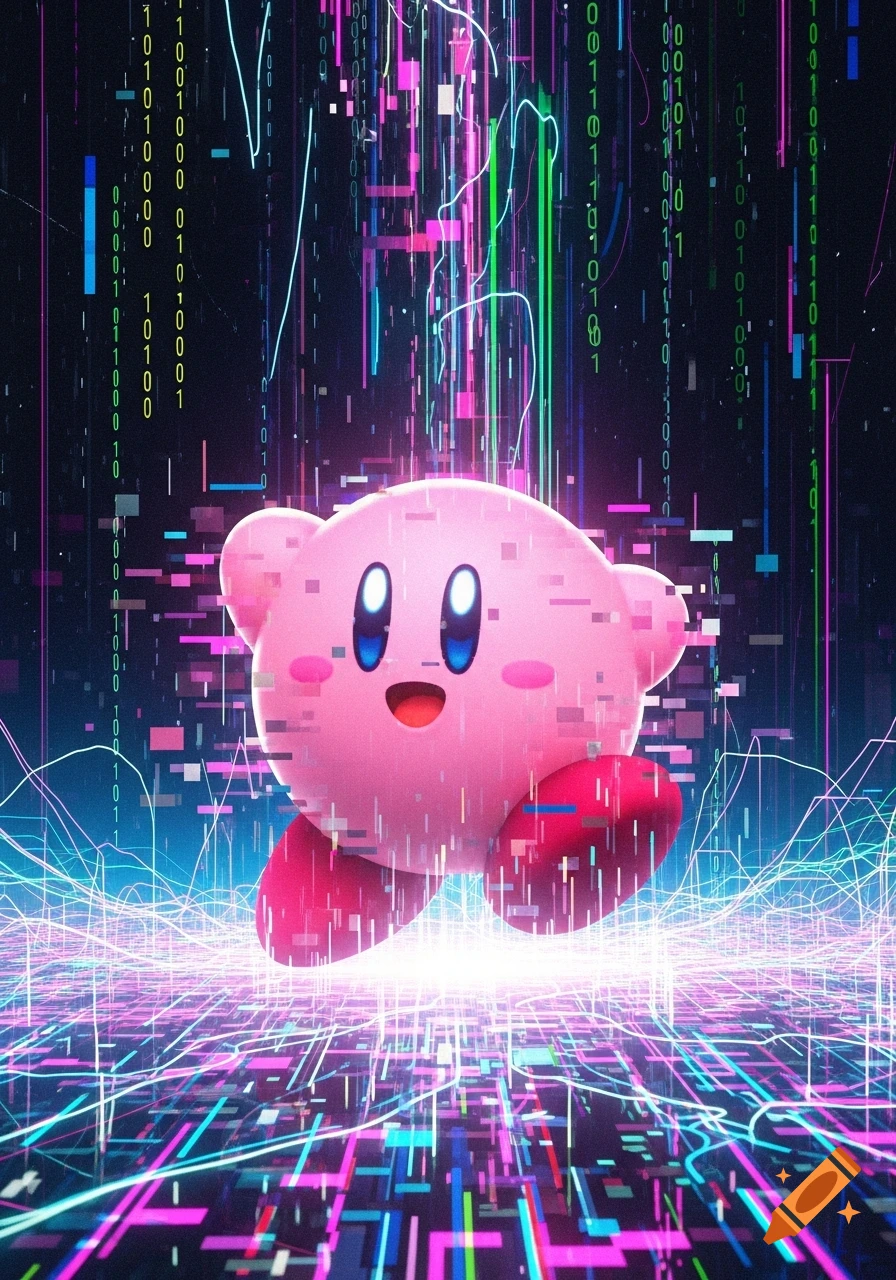 A pink Kirby character smiles amidst a dark digital landscape with falling binary code and glowing neon lines, representing a glitched effect.