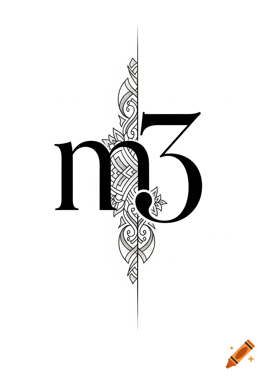 Stylized black and white 'm3' logo with ornamental decorative elements, tattoo design.