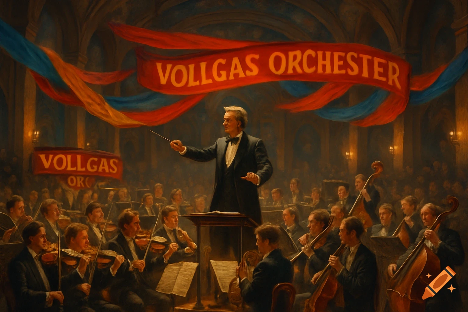 A conductor leads a large orchestra on stage in a grand hall, beneath a banner reading 'VOLLGAS ORCHESTER' in a classic painting style.