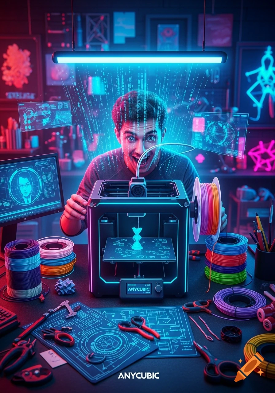 A man with an excited expression leaning over a 3D printer, surrounded by colorful filament spools and glowing holographic displays in a neon-lit workshop.