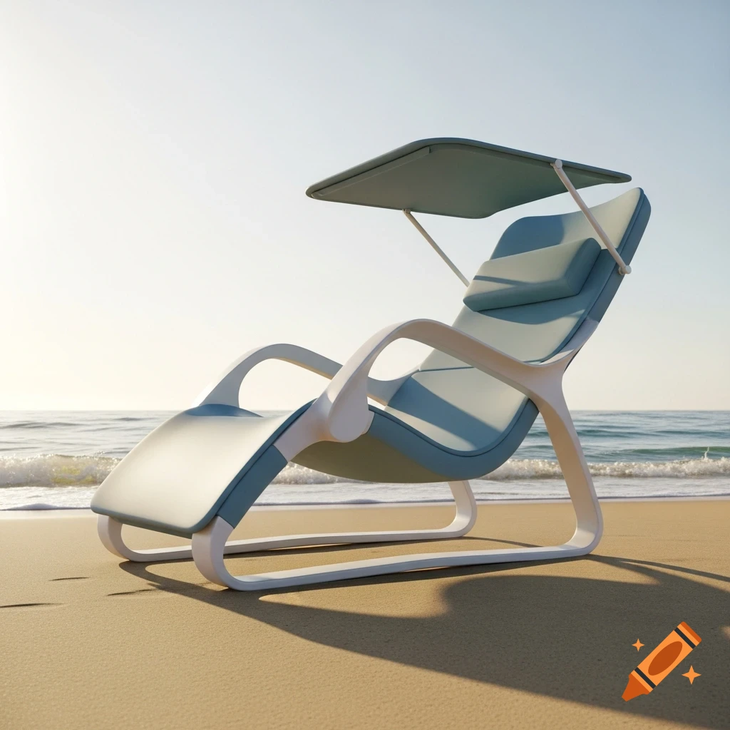 A modern white and blue lounge chair with a small canopy sits on a sandy beach next to the ocean.