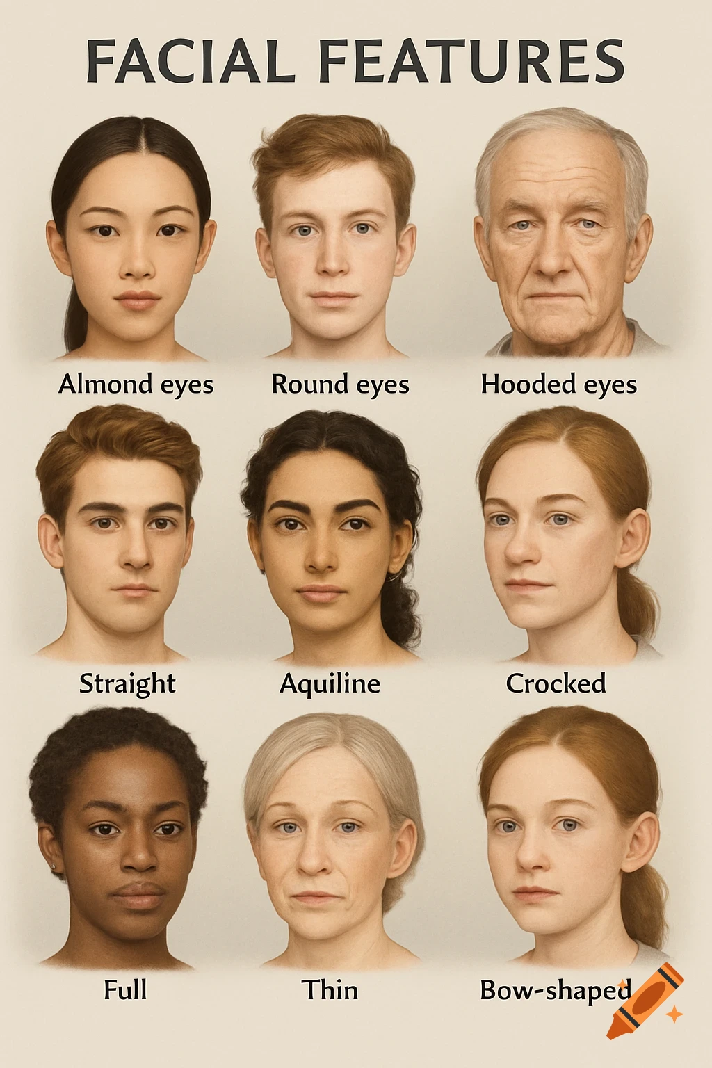 A chart displaying nine diverse faces illustrating different facial features like almond eyes, round eyes, aquiline nose, and full lips, with text labels.